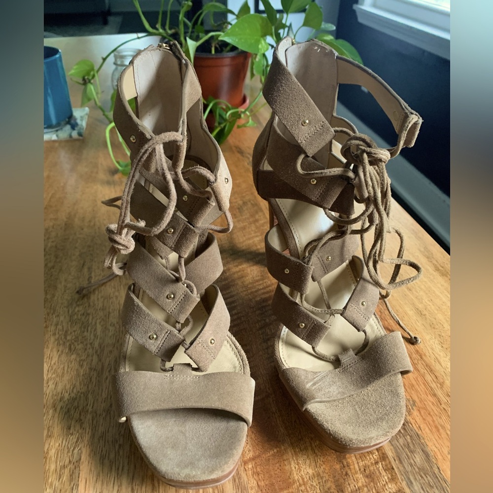 MK Sofia Suede Lace Up Wrap Sandals Heels